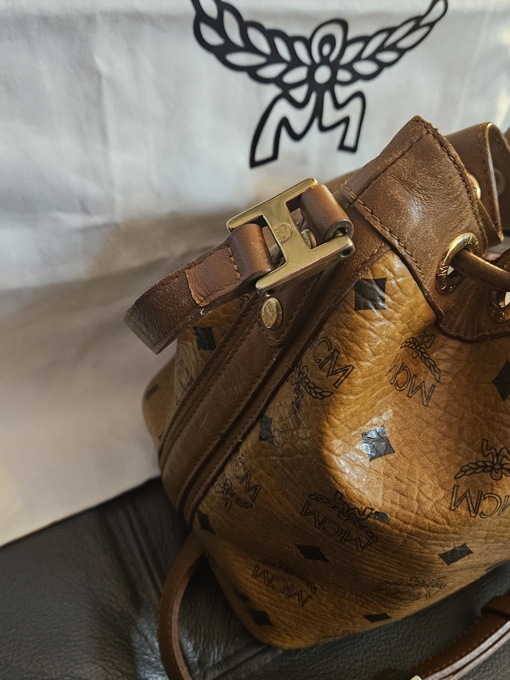 MCM Brown Visetos Logo Drawstring Bucket Bag - Picture 3 of 8